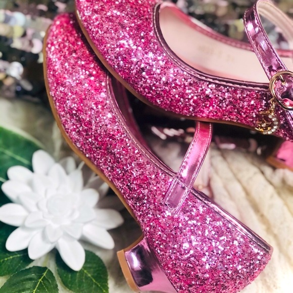 HANKAYOU | 34 / 5 | Girls’ Pink Glitter Low Heel Mary Jane Sparkle Shoe - Picture 8 of 13